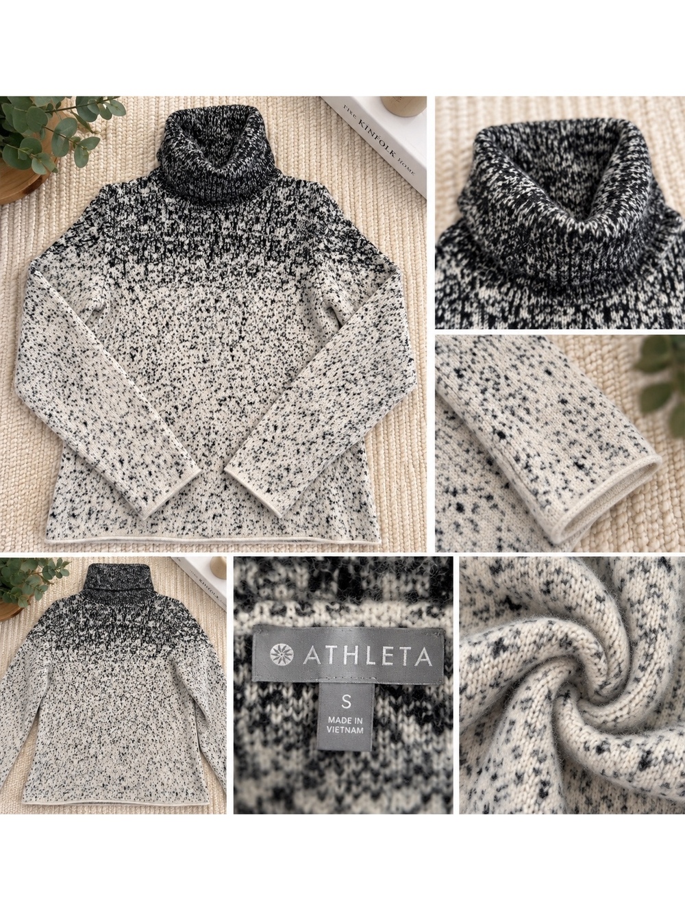 Athleta Black Ivory Marled Turtleneck Sweater Size Small